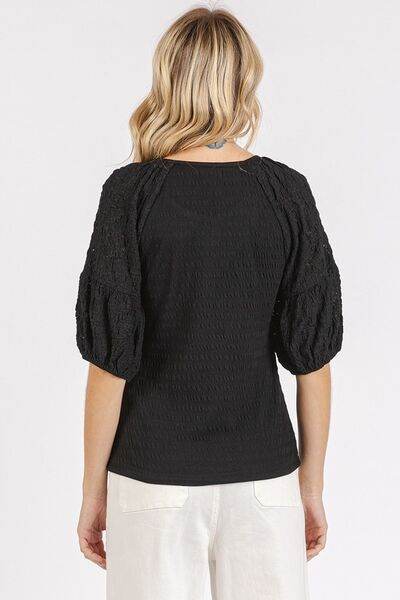 Mittoshop Mixed Media Textured Knit Popcorn Puff Sleeve Blouse for a perfect OOTD – dress to impress outfits from Amexza