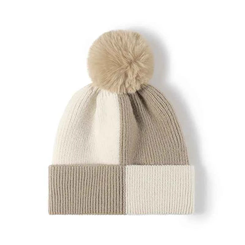 Color Block Knit Hat with Pom-pom Khaki One Size for a perfect OOTD – dress to impress outfits from Amexza