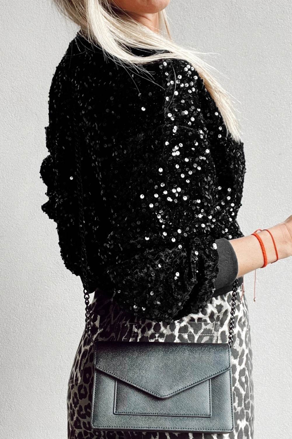 Sequin Round Neck Long Sleeve Blouse - Amexza