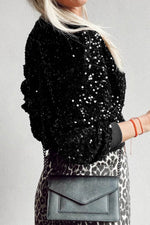 Sequin Round Neck Long Sleeve Blouse - Amexza