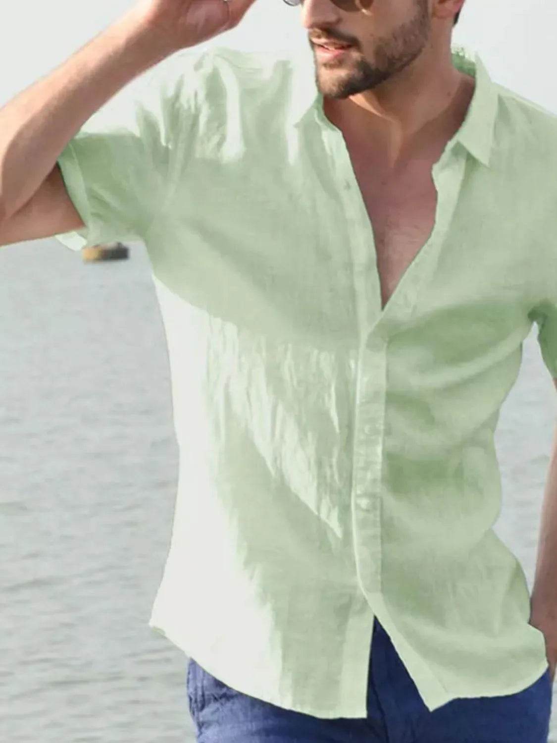 Men's Full Size Button Up Short Sleeve Shirt Plus Size Light Green for a perfect OOTD – dress to impress outfits from Amexza