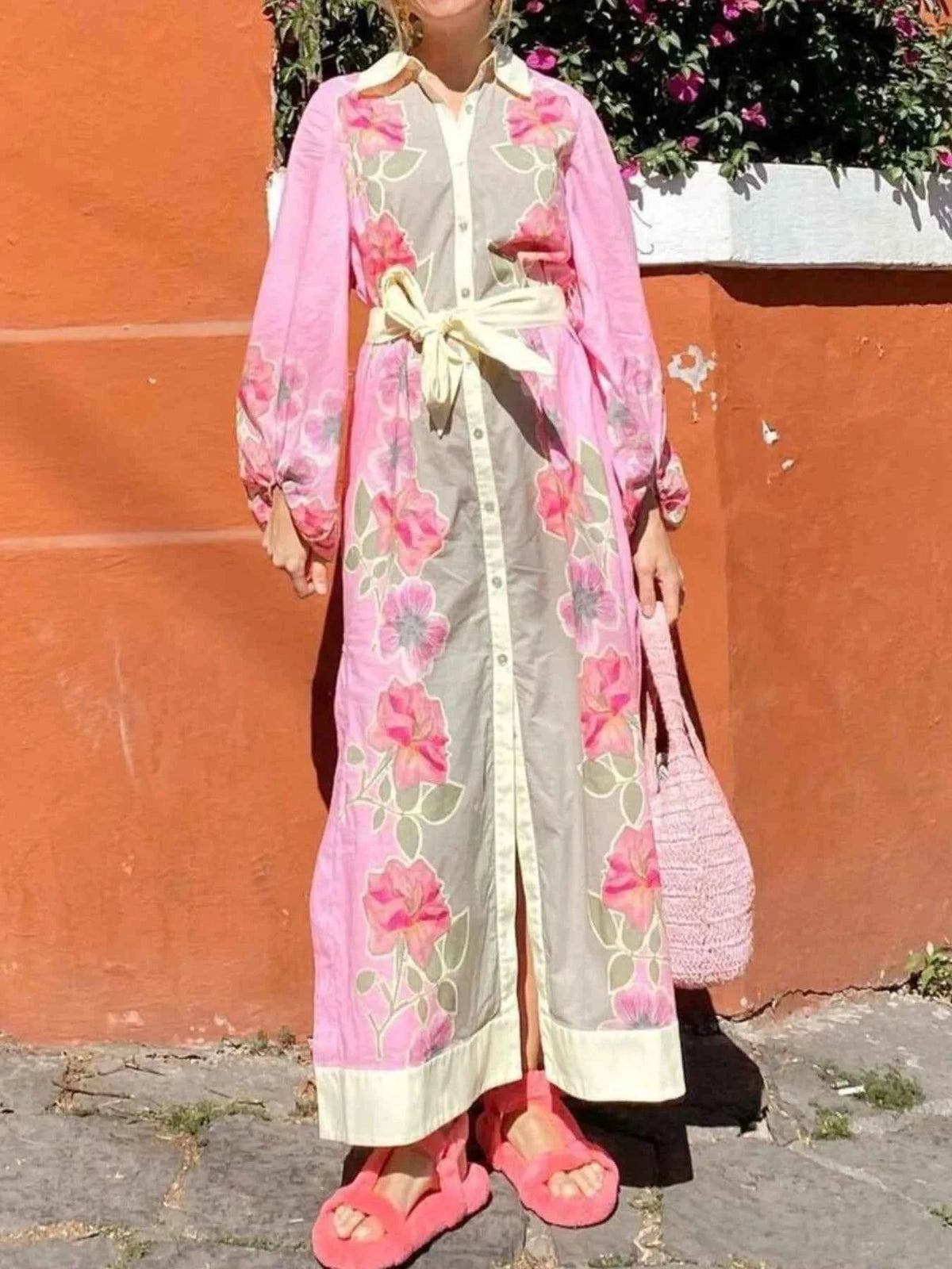 Floral Print Long Sleeve Maxi Shirt Dress