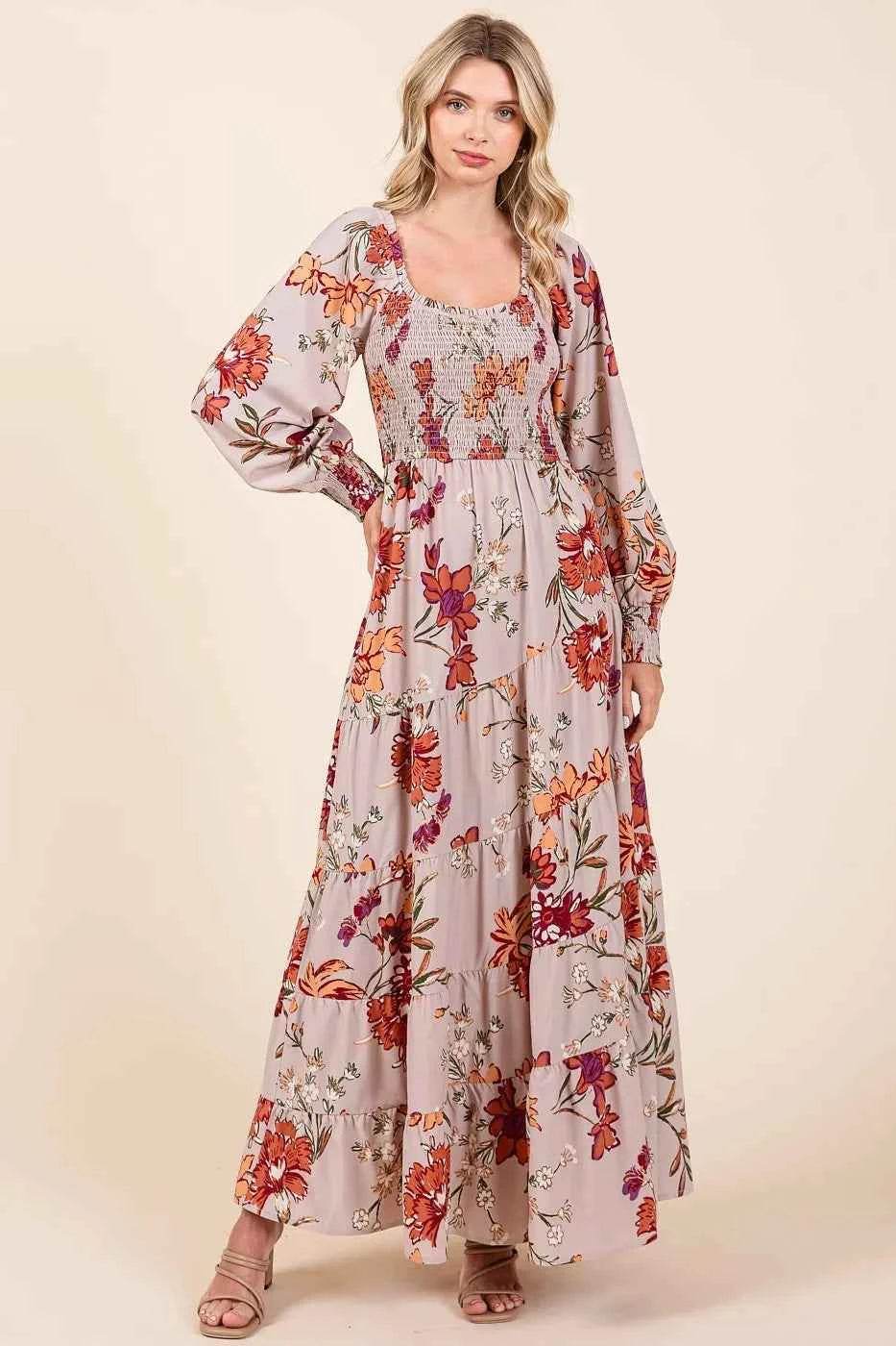 Mittoshop Flower Print Smocked Diagonal Tiered Maxi Dress for a perfect OOTD – dress to impress outfits from Amexza