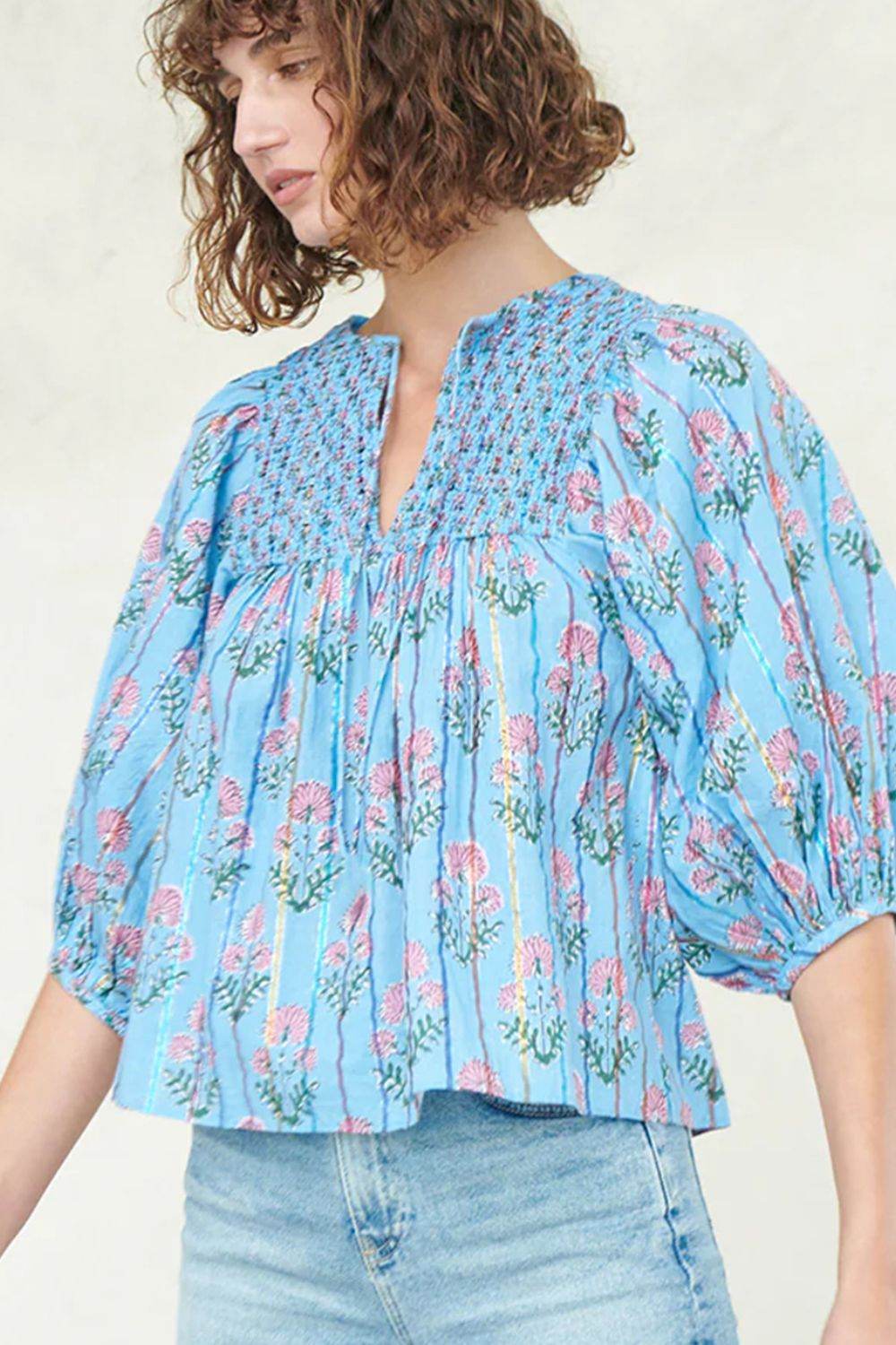 Smocked Floral Print Tie Neck Blouse - Amexza