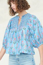 Smocked Floral Print Tie Neck Blouse - Amexza