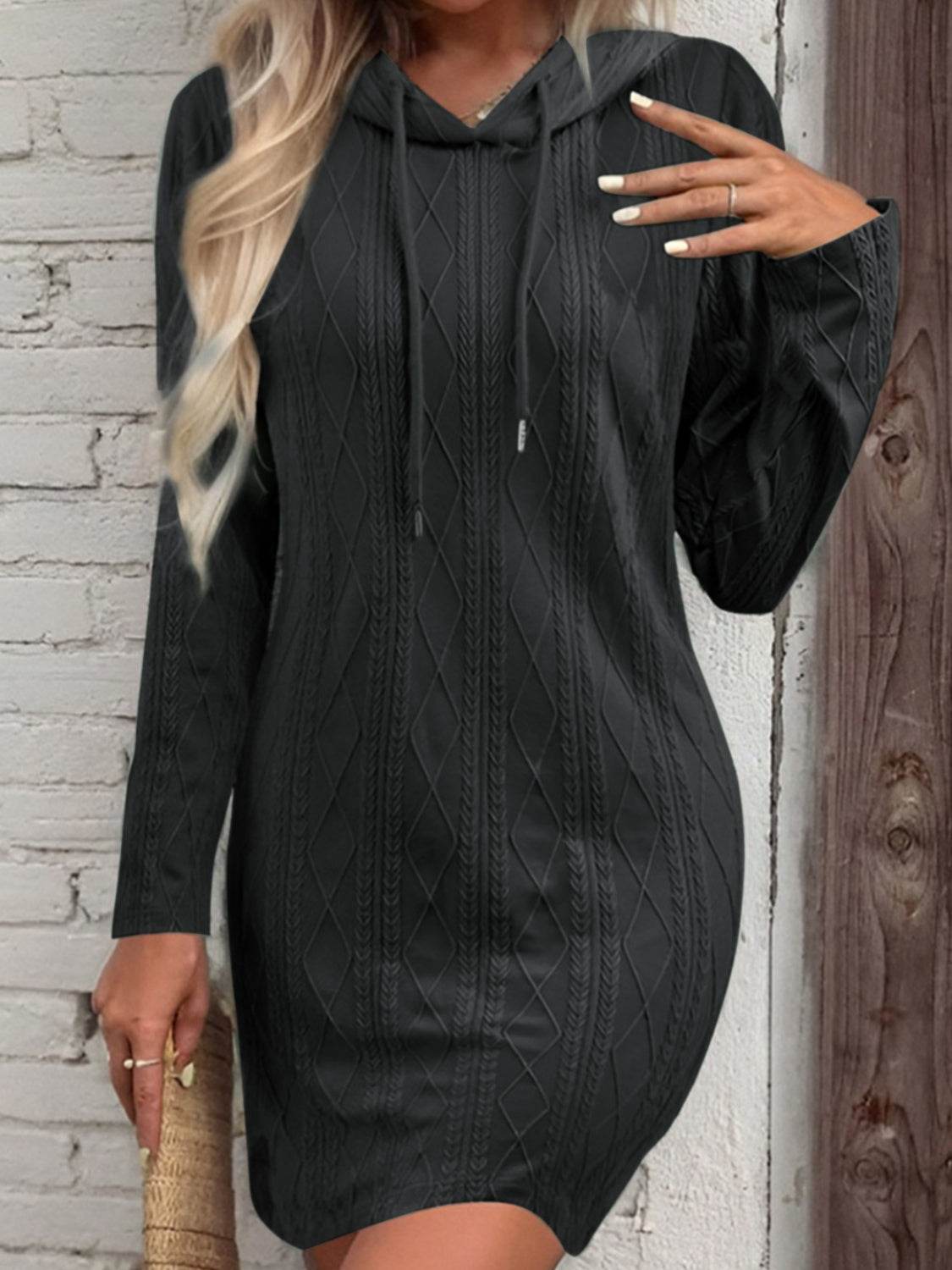 Drawstring Hooded Sweater Dress Black for a perfect OOTD – dress to impress outfits from Amexza