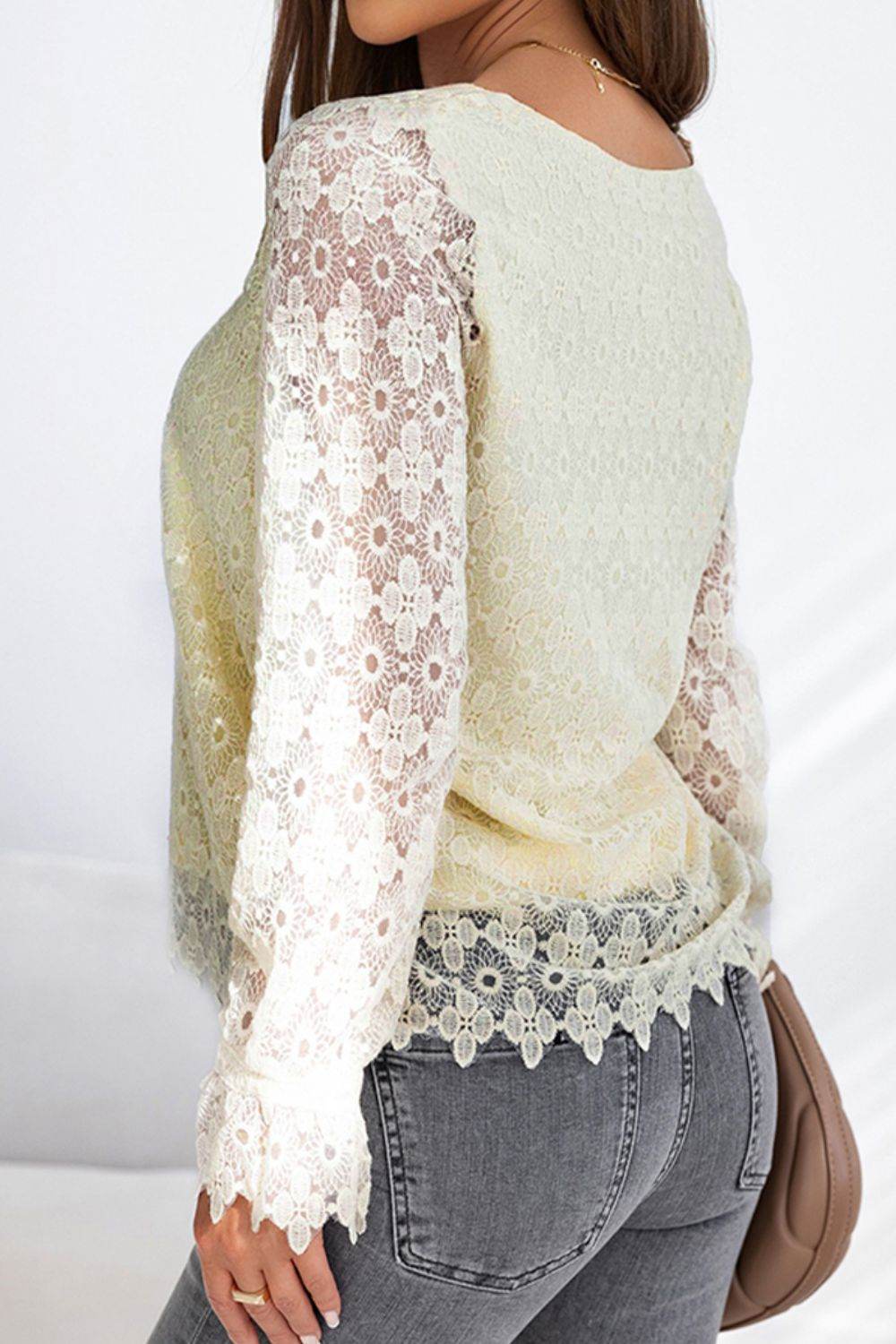 Lace Detail V-Neck Long Sleeve Blouse - Amexza