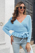 Tie Waist Ruffle Hem Sweater Light Blue for a perfect OOTD – dress to impress outfits from Amexza