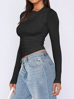 Ruched Asymmetrical Neck Long Sleeve T-Shirt - Amexza