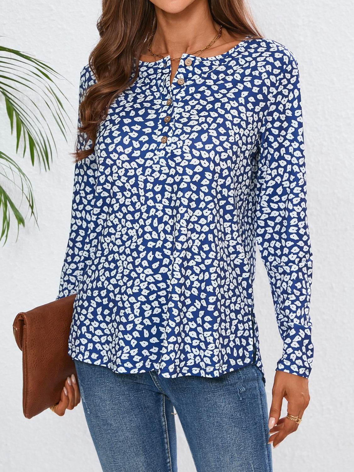 Quarter Button Printed Round Neck Long Sleeve Top - Amexza