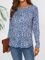 Quarter Button Printed Round Neck Long Sleeve Top - Amexza