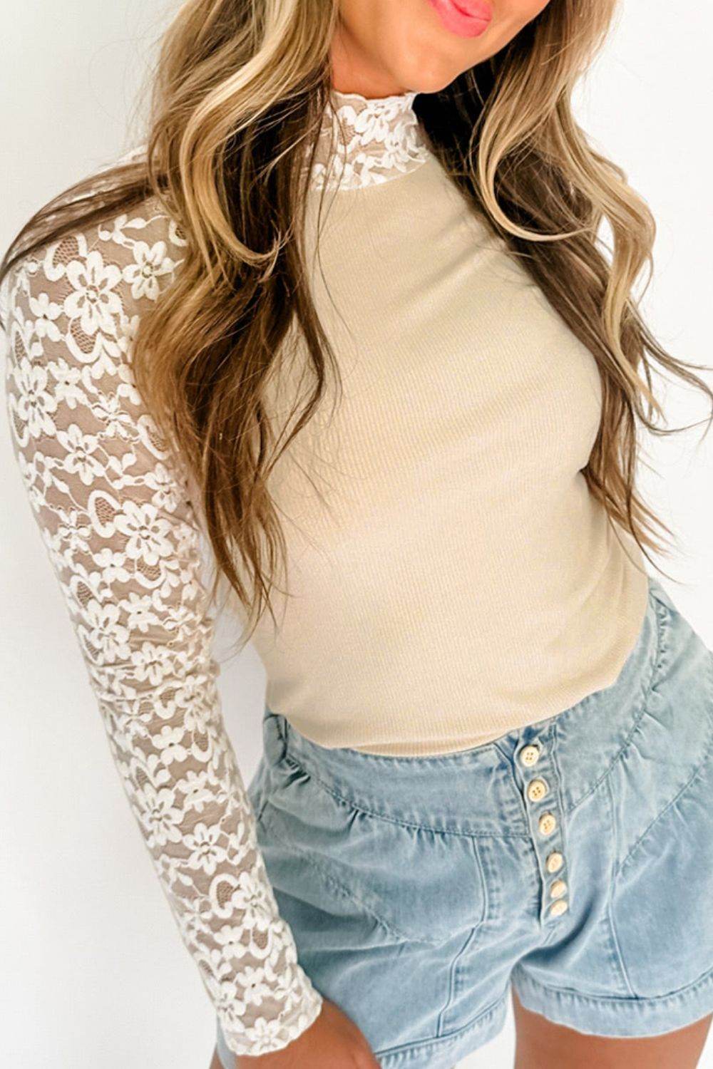 Mock Neck Long Sleeve Lace Patchwork T-Shirt - Amexza