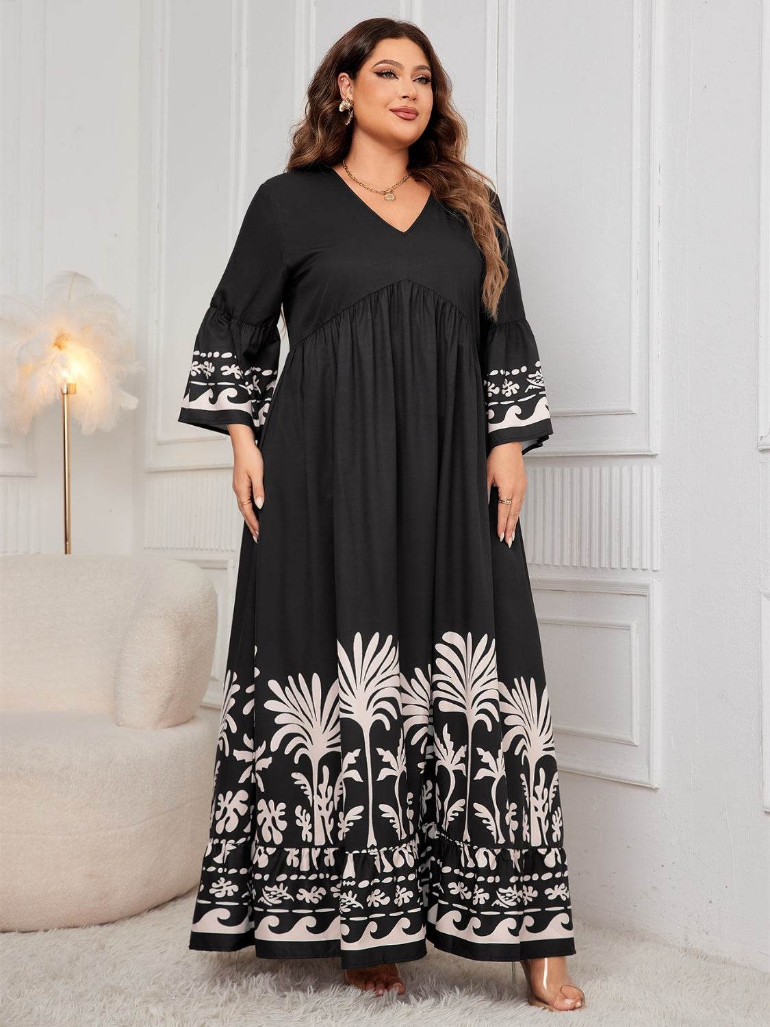 Honey Plus Size Printed V-Neck Long Sleeve Maxi Dress - Amexza
