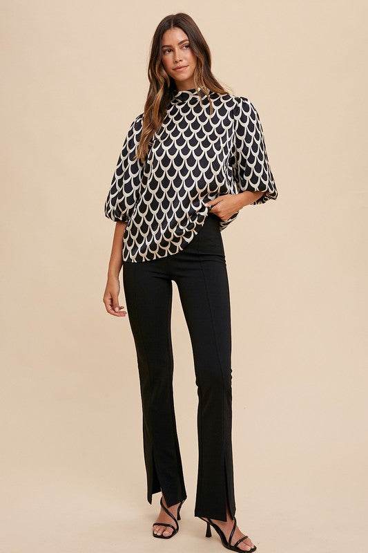Annie Wear Tie Back Abstract Print Mock Neck Half Sleeve Blouse - Amexza