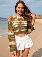 Openwork Boat Neck Dropped Shoulder Cover-Up Matcha Green for a perfect OOTD – dress to impress outfits from Amexza