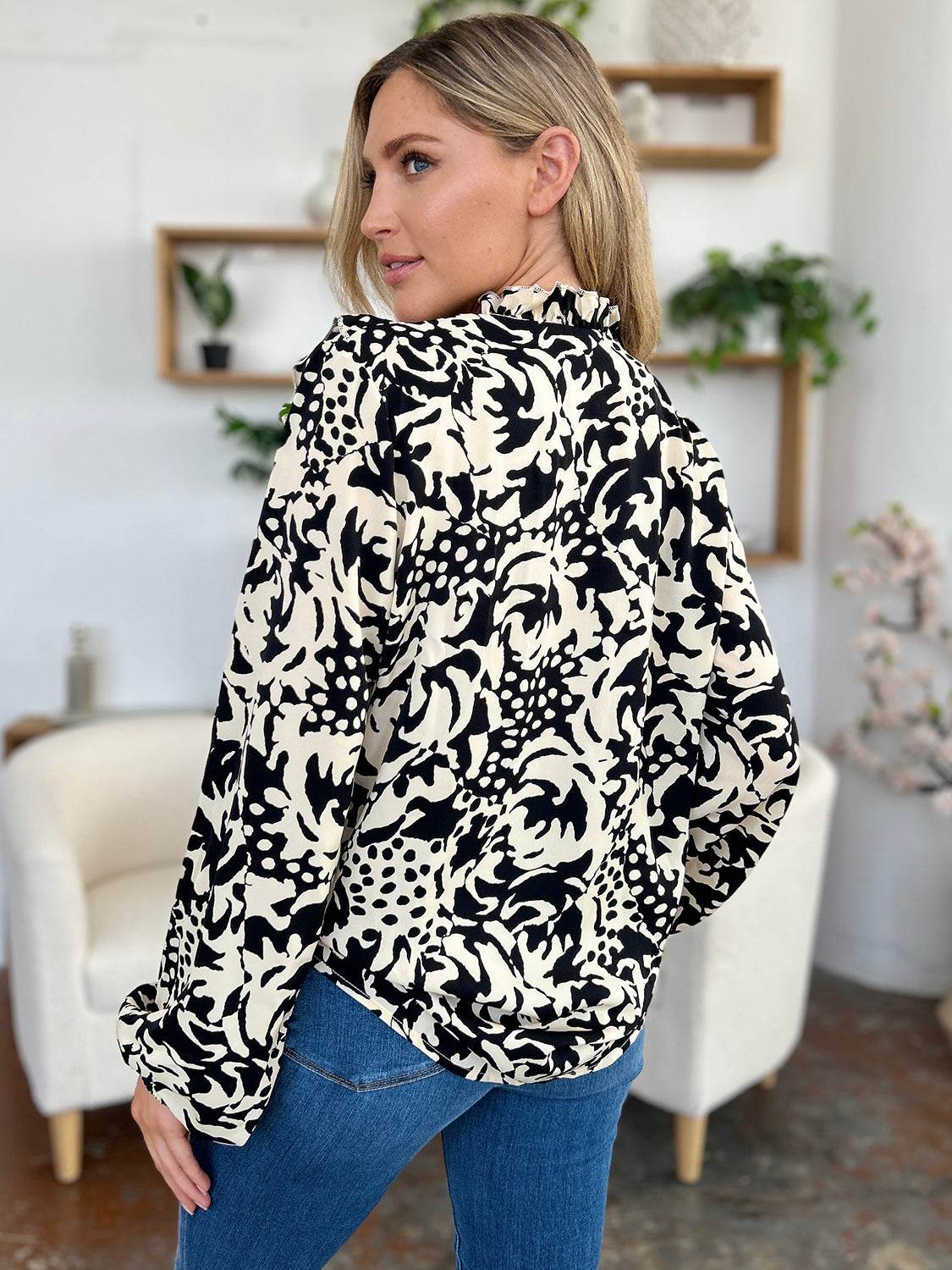 Double Take Full Size Printed Ruffle Trim Balloon Sleeve Shirt - Amexza