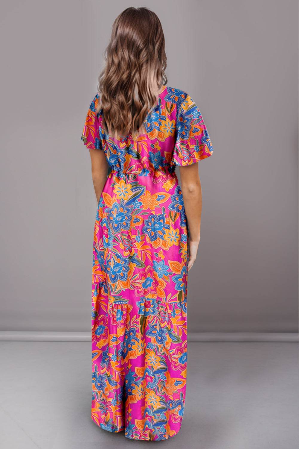 Printed Surplice Short Sleeve Maxi Dress - Amexza