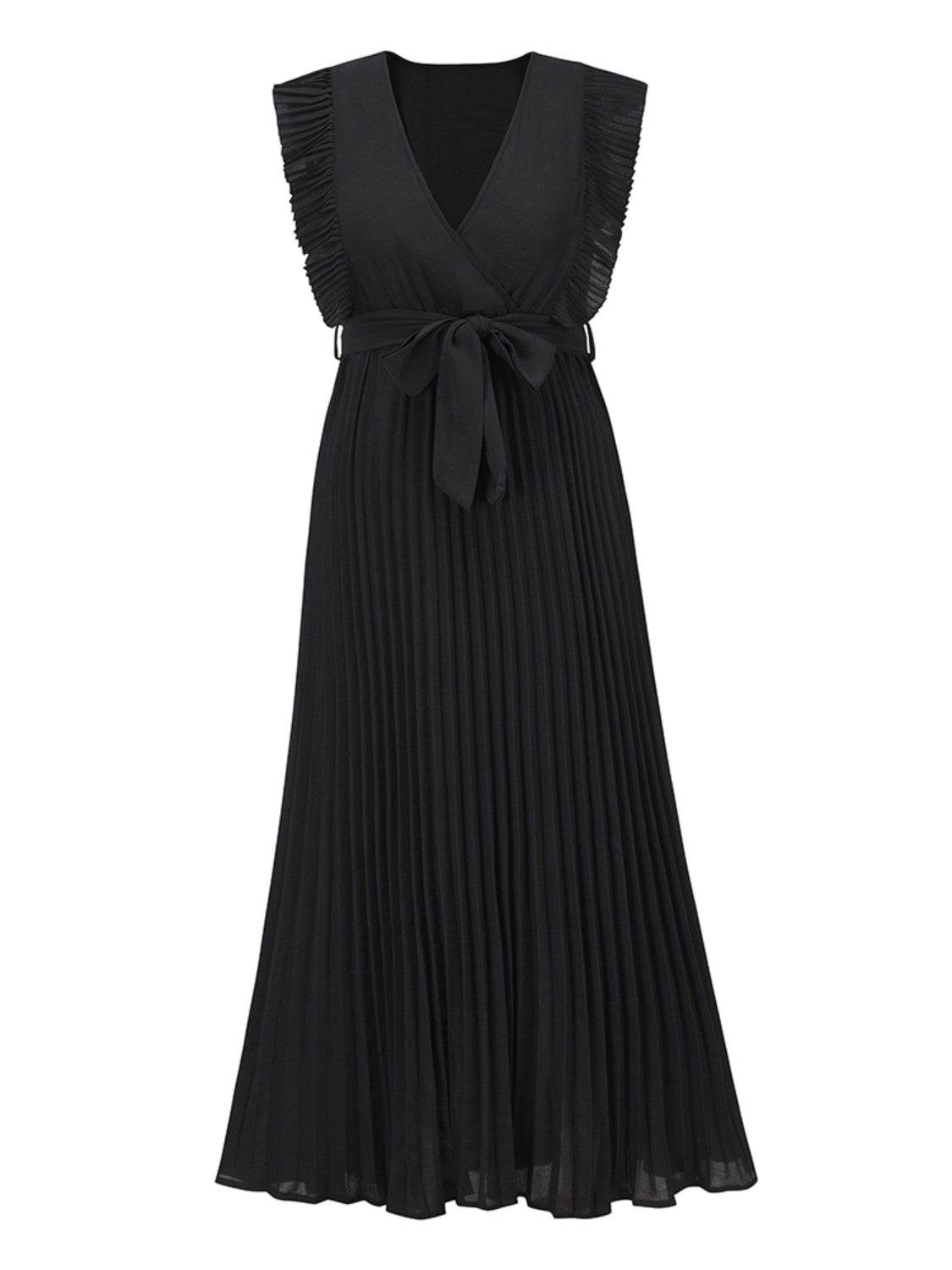 Tied Surplice Cap Sleeve Pleated Dress - Amexza