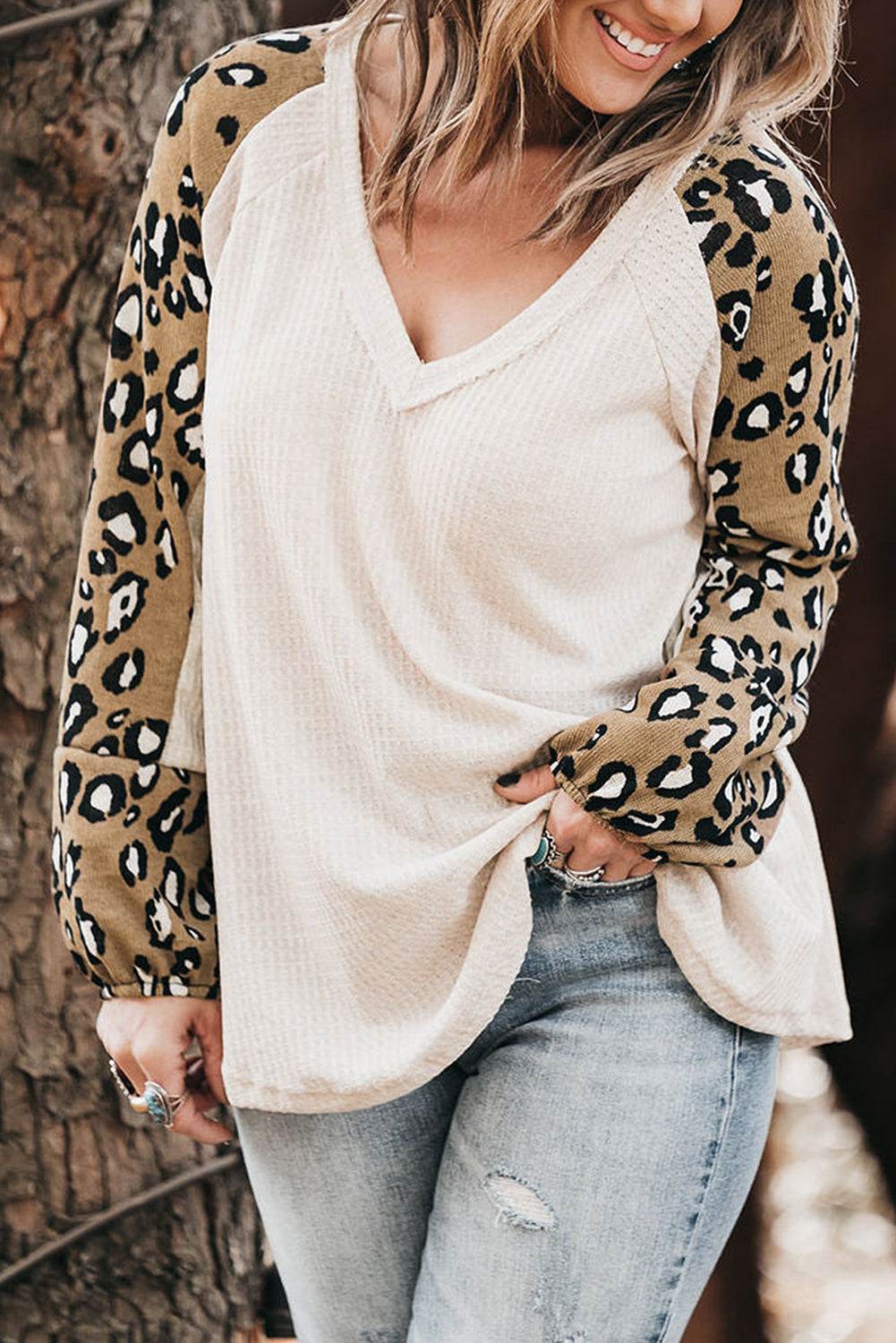 Plus Size Leopard V-Neck Raglan Sleeve Blouse - Amexza