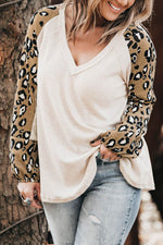 Plus Size Leopard V-Neck Raglan Sleeve Blouse - Amexza