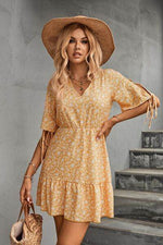 Ditsy Floral V-Neck Half Sleeve Mini Dress Light Yellow for a perfect OOTD – dress to impress outfits from Amexza