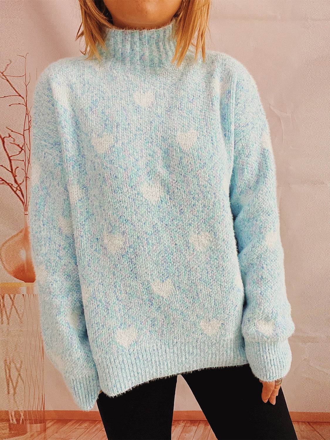 Heart Heathered Turtleneck Drop Shoulder Sweater Mint Blue One Size for a perfect OOTD – dress to impress outfits from Amexza