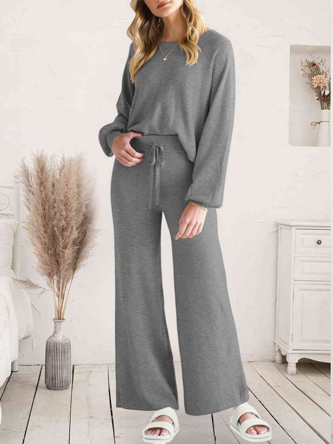 Long Sleeve Lounge Top and Drawstring Pants Set Dark Gray for a perfect OOTD – dress to impress outfits from Amexza