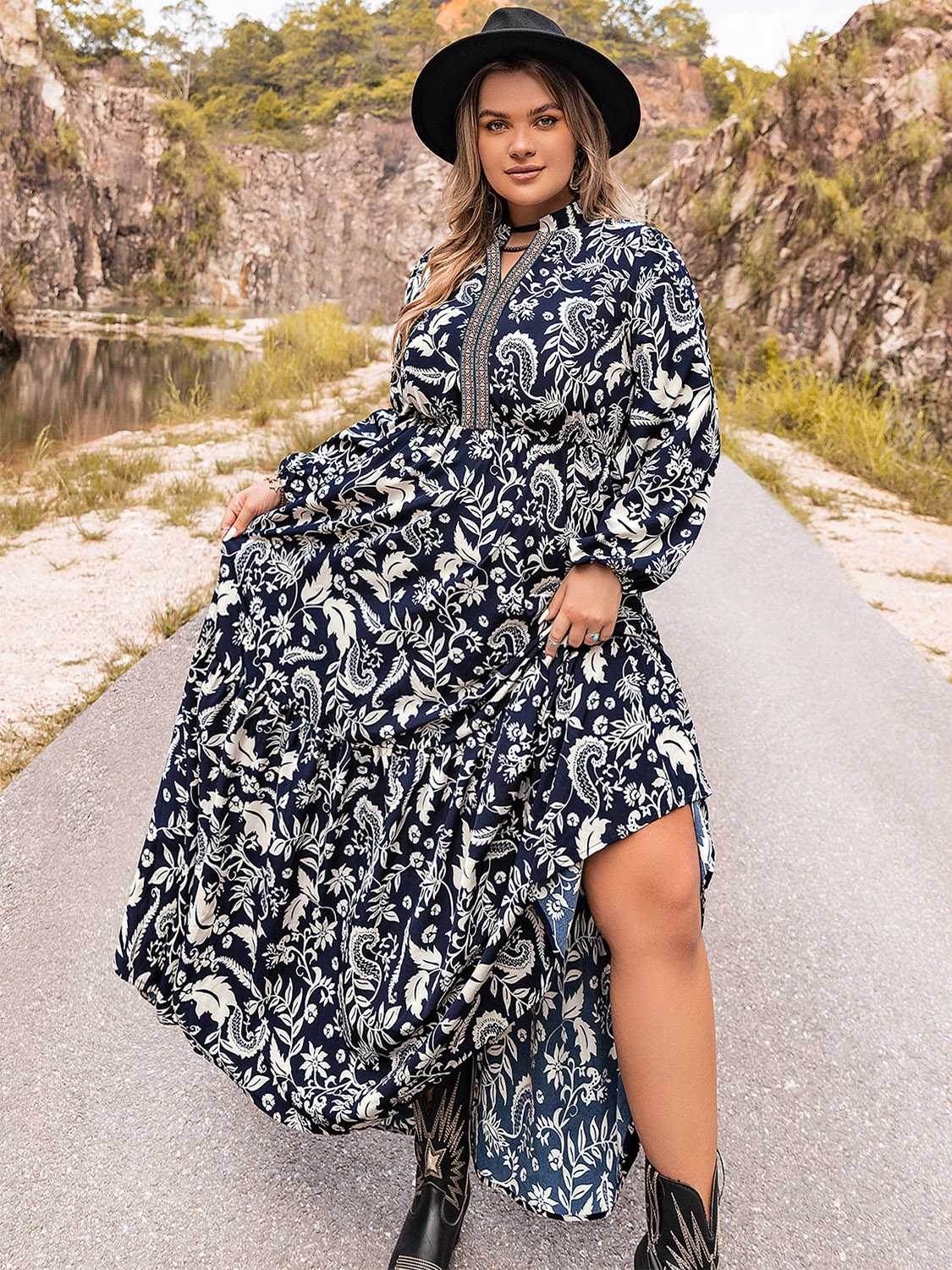 Plus Size Long Sleeve Maxi Dress - Amexza