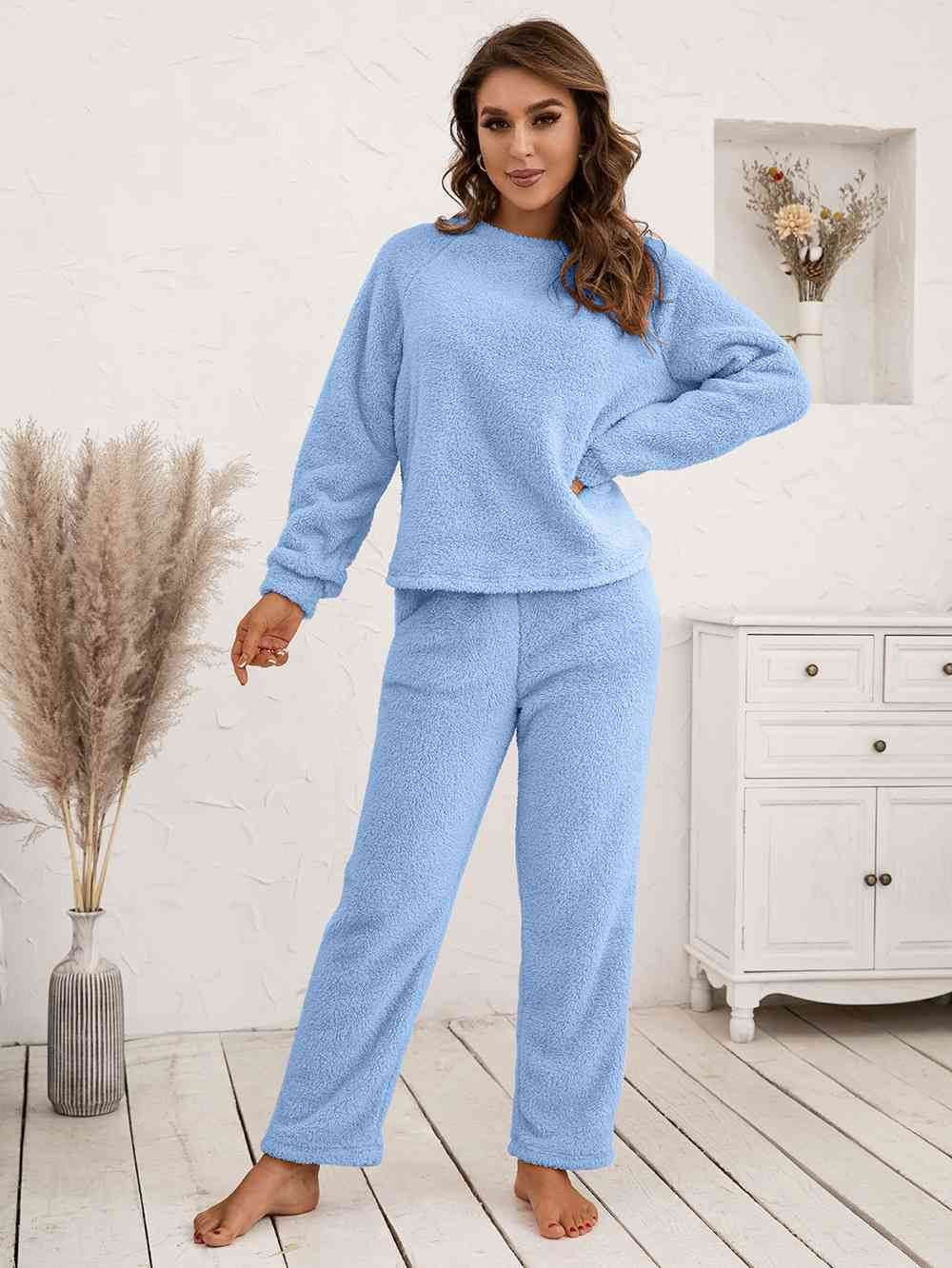Ivy Lane Teddy Long Sleeve Top and Pants Lounge Set Light Blue for a perfect OOTD – dress to impress outfits from Amexza