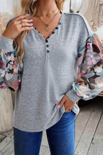 Printed Lantern Sleeve Buttoned V Neck Top - Amexza