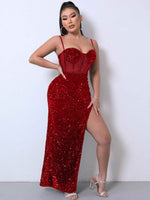 Sequin Spliced Mesh Adjustable Strap Dress Red for a perfect OOTD – dress to impress outfits from Amexza