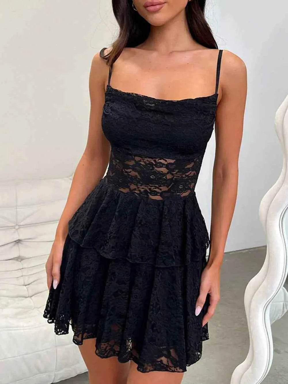 Devine Lace-Up Layered Lace Mini Cami Dress Black for a perfect OOTD – dress to impress outfits from Amexza