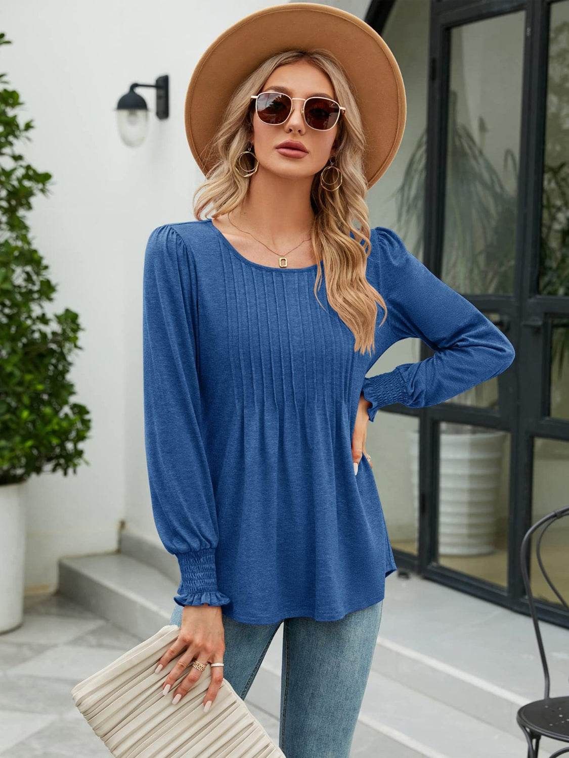 Smocked Round Neck Lantern Sleeve Blouse - Amexza