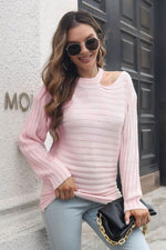 Ribbed Cold Shoulder Round Neck Pullover Sweater Blush Pink for a perfect OOTD – dress to impress outfits from Amexza