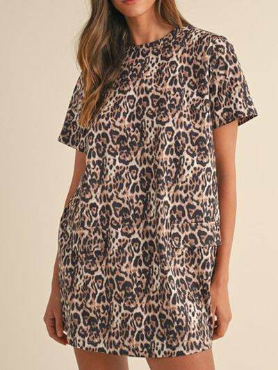 Leopard Round Neck Short Sleeve Mini Dress Leopard for a perfect OOTD – dress to impress outfits from Amexza