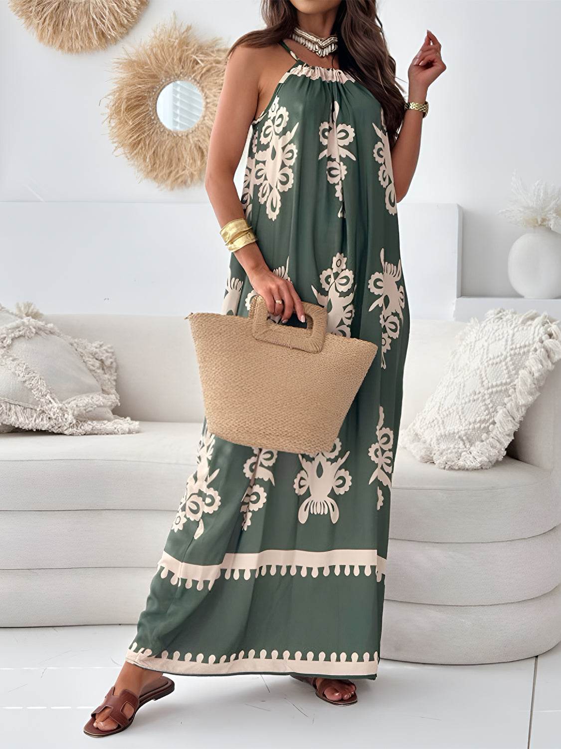 Printed Spaghetti Strap Sleeveless Maxi Dress - Amexza