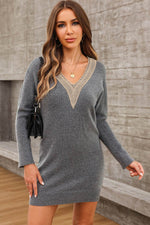 V-Neck Long Sleeve Mini Sweater Dress Cloudy Blue for a perfect OOTD – dress to impress outfits from Amexza