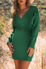 Cable-Knit Surplice Lantern Sleeve Sweater Dress Dark Green for a perfect OOTD – dress to impress outfits from Amexza