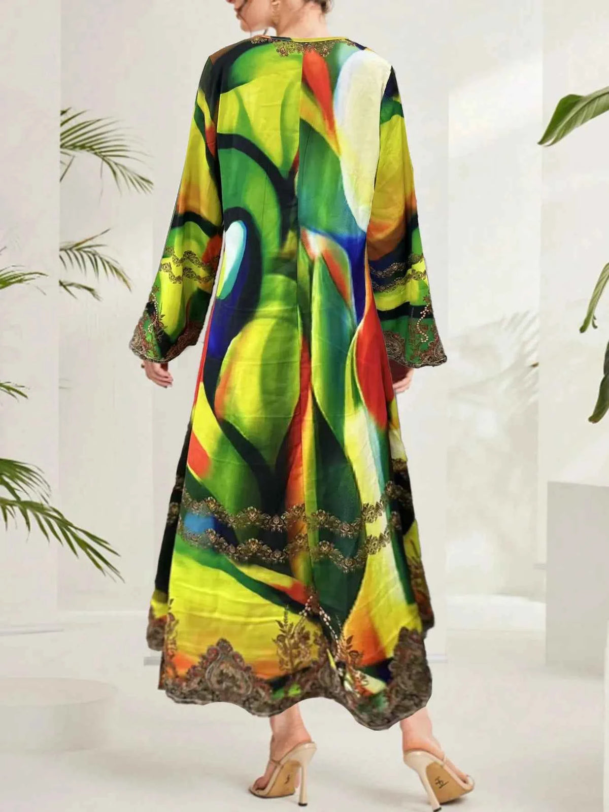 Multi-Color Abstract Print Notched Maxi Dress
