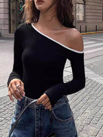 Contrast Trim One Shoulder Long Sleeve T-Shirt - Amexza