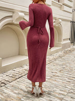 Devine Tied V-Neck Long Sleeve Sweater Dress for a perfect OOTD – dress to impress outfits from Amexza