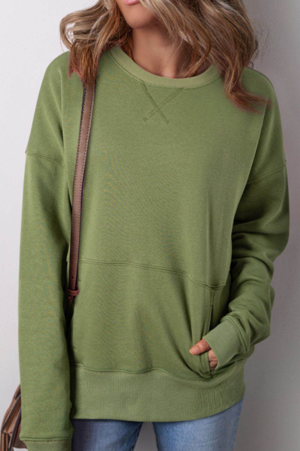 Solid Color Round Neck Long Sleeve Sweatshirt Moss for a perfect OOTD – dress to impress outfits from Amexza