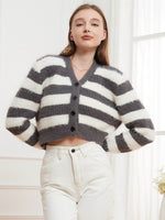 Button Down V-Neck Striped Cardigan - Amexza