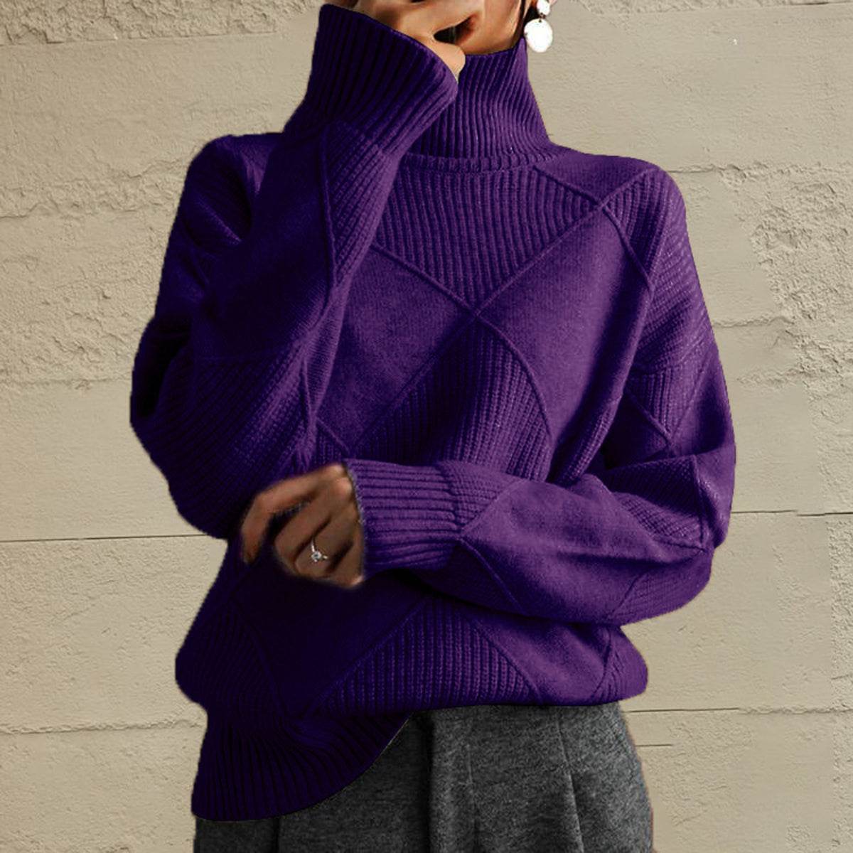 Geometric Turtleneck Long Sleeve Sweater Deep Purple for a perfect OOTD – dress to impress outfits from Amexza