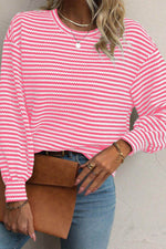 Striped Round Neck Long Sleeve Top - Amexza