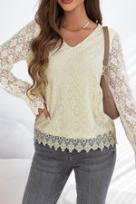 Lace Detail V-Neck Long Sleeve Blouse - Amexza