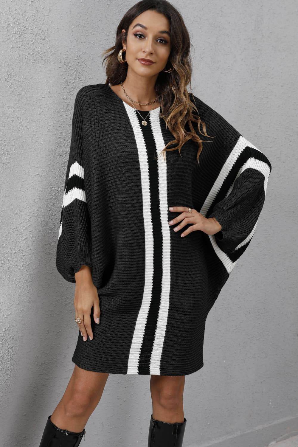 Ribbed Round Neck Long Sleeve Sweater Dress Black for a perfect OOTD – dress to impress outfits from Amexza