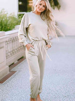 Round Neck Dropped Shoulder Top and Pants Lounge Set Light Gray for a perfect OOTD – dress to impress outfits from Amexza
