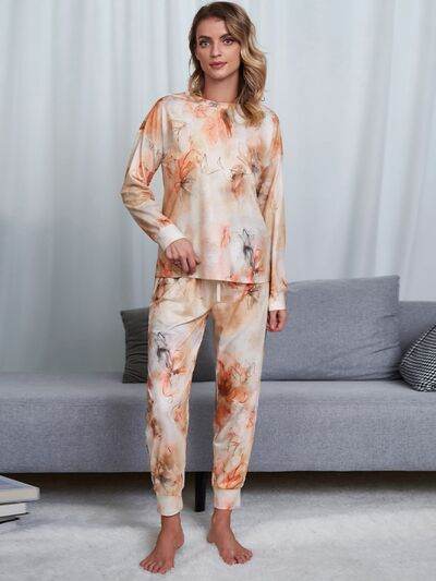 Shiny Tie-Dye Round Neck Top and Pants Lounge Set Tan for a perfect OOTD – dress to impress outfits from Amexza