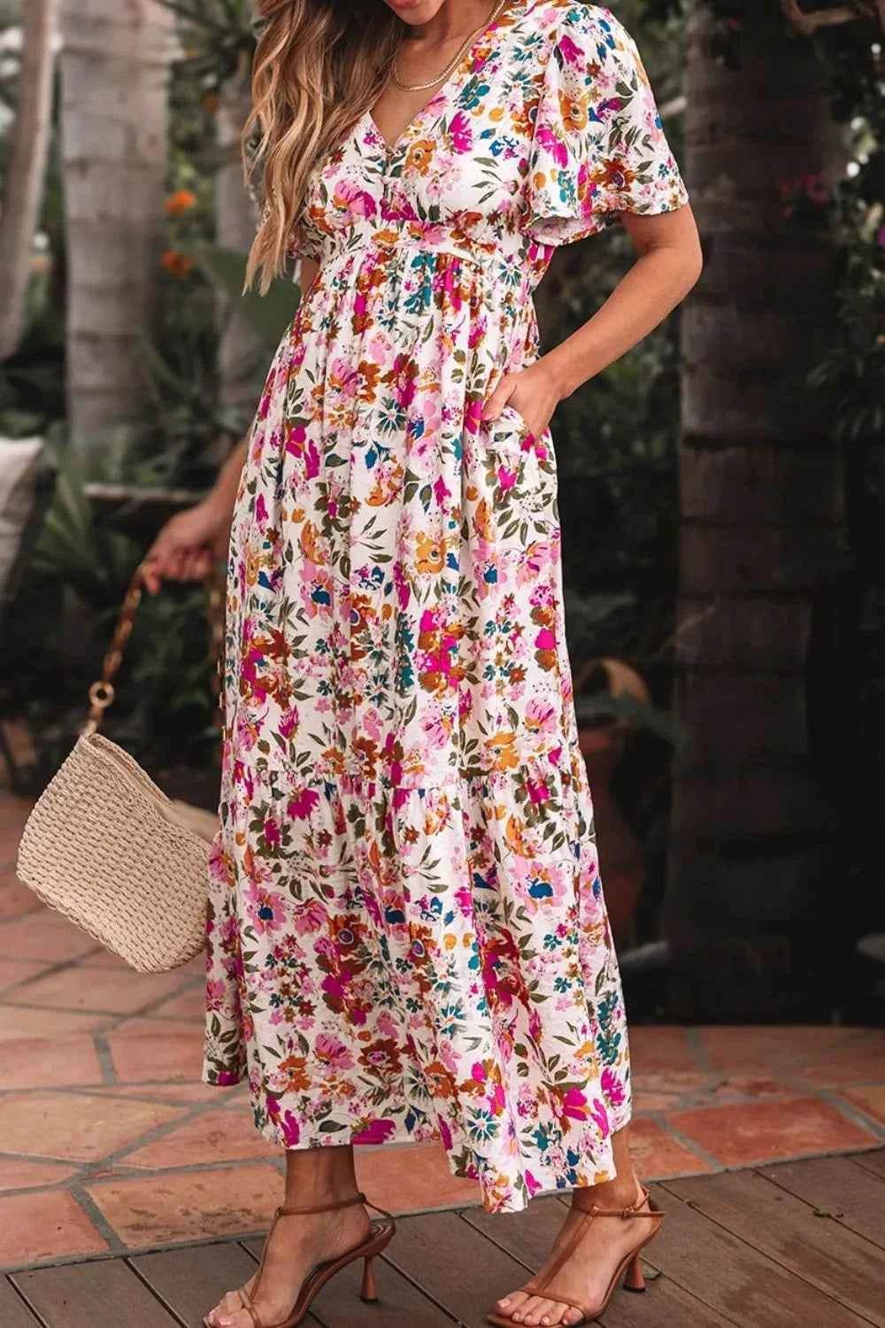 Floral Short Sleeve V Neck Dress with Pockets for a perfect OOTD – dress to impress outfits from Amexza